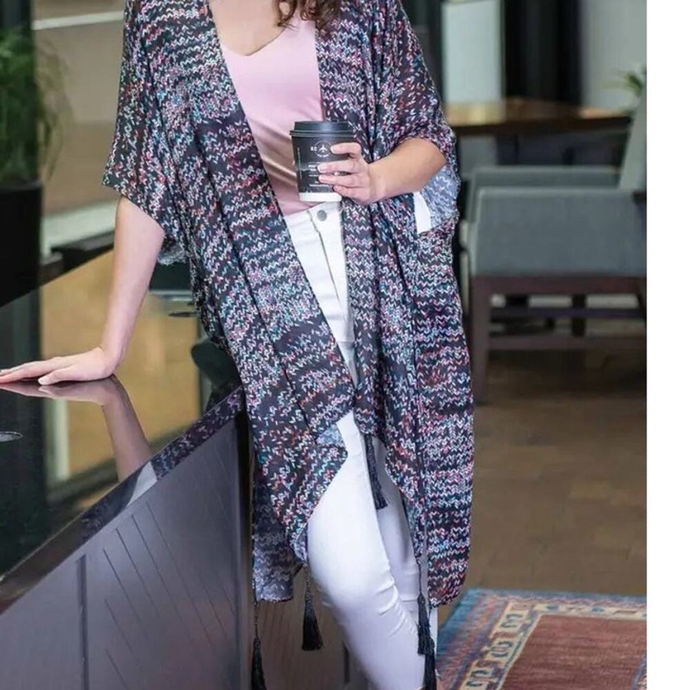 Printed Tasseled Ruana Wrap Kimono Chevron Multicolor